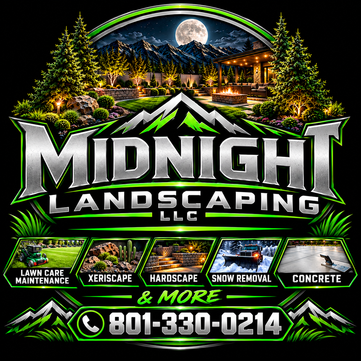 Midnight Landscaping LLC emblem: a full moon over mountains and pine trees above lawn care, xeriscape, hardscape, snow removal and concrete